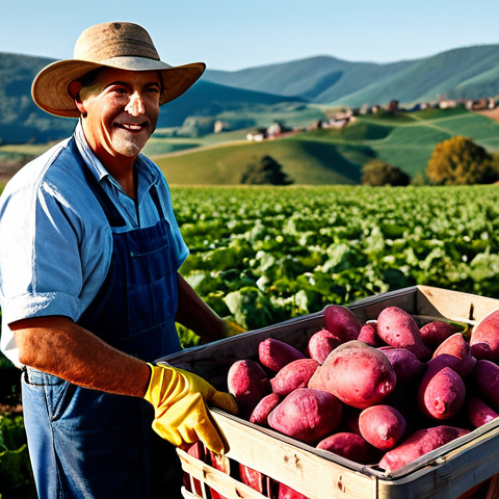 **
A local farmer presenting a basket of freshly harvested red sweet potatoes, appropriate attire, safe for work, in a sunlit field with rolling hills, fully clothed, modest clothing, showcasing the bounty of local ingredients, professional photography, perfect anatomy, natural proportions, family-friendly.
**