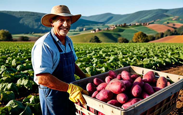 **

A local farmer presenting a basket of freshly harvested red sweet potatoes, appropriate attire, safe for work, in a sunlit field with rolling hills, fully clothed, modest clothing, showcasing the bounty of local ingredients, professional photography, perfect anatomy, natural proportions, family-friendly.

**