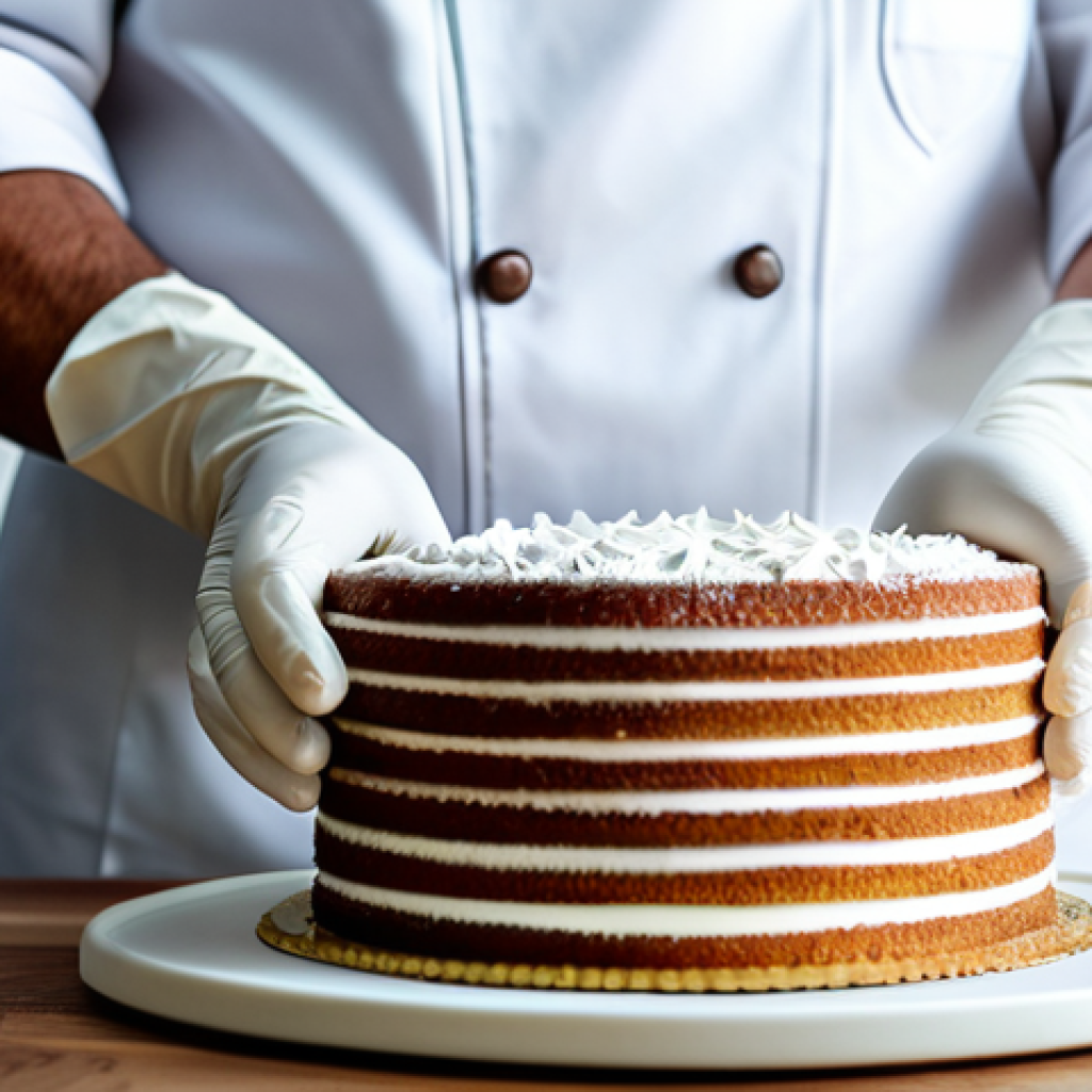 **
A professional pastry chef in a clean, modern kitchen, fully clothed in a chef's uniform, carefully decorating a delicate cake with intricate frosting details. Soft, diffused lighting, focusing on the chef's hands and the cake. Safe for work, appropriate content, perfect anatomy, well-formed hands, professional photography.
**