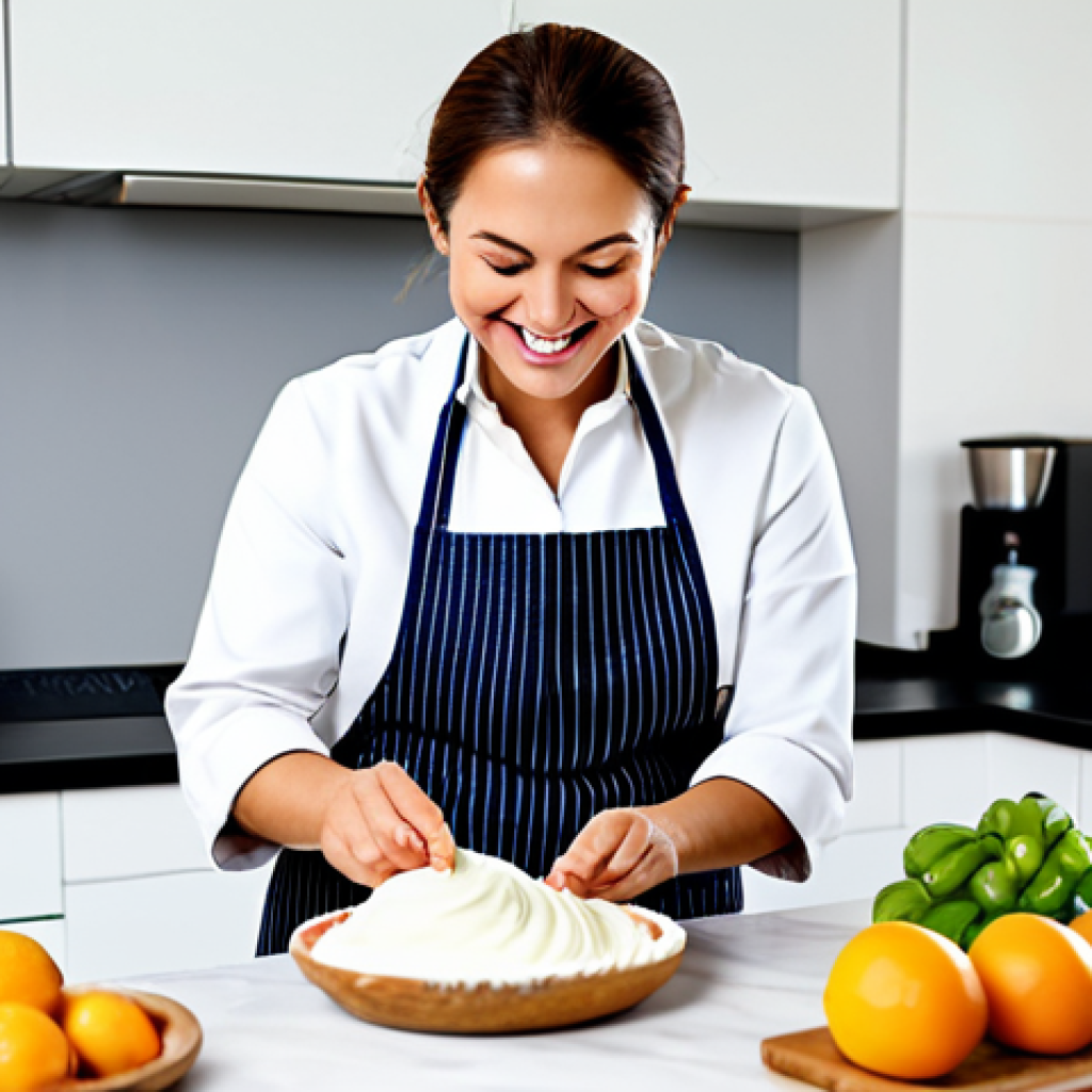 **Prompt:** A beginner-friendly online dessert course advertisement. A brightly lit kitchen scene with a smiling instructor (fully clothed, professional attire) demonstrating basic baking techniques (e.g., whisking, kneading). Fresh ingredients and simple tools are visible. Safe for work, appropriate content, family-friendly, perfect anatomy, natural proportions, high quality.