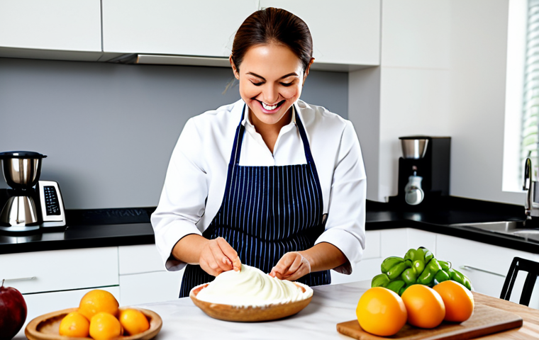 **Prompt:** A beginner-friendly online dessert course advertisement. A brightly lit kitchen scene with a smiling instructor (fully clothed, professional attire) demonstrating basic baking techniques (e.g., whisking, kneading). Fresh ingredients and simple tools are visible. Safe for work, appropriate content, family-friendly, perfect anatomy, natural proportions, high quality.
