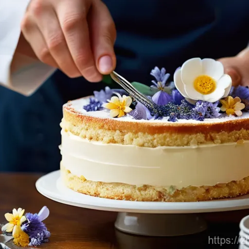 디저트 전문가를 위한 마케팅 전략 - **A close-up, dynamic shot of a pastry chef's hands delicately piping intricate edible flowers onto ...