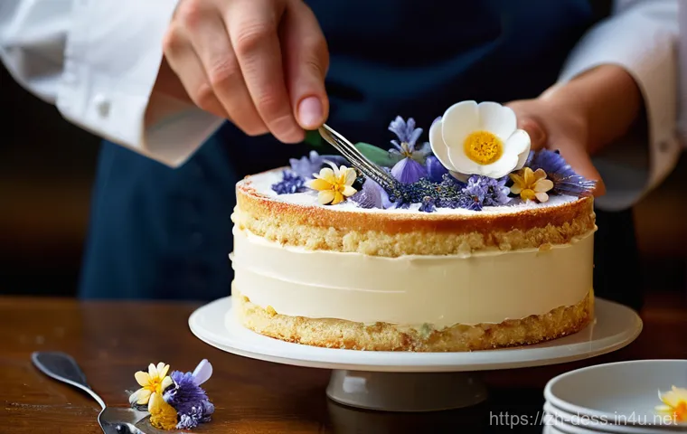 디저트 전문가를 위한 마케팅 전략 - **A close-up, dynamic shot of a pastry chef's hands delicately piping intricate edible flowers onto ...