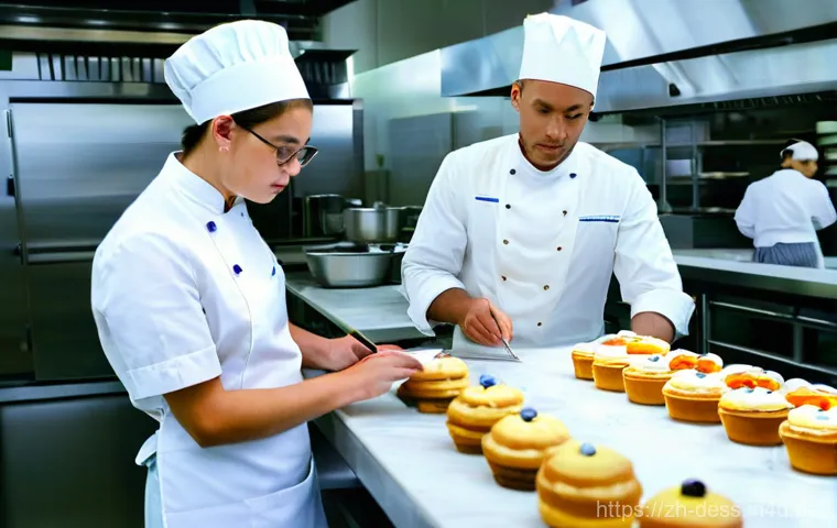 디저트 전문가로 성장하기 위한 멘토링 - **A Novice Baker's Breakthrough with a Mentor:** A brightly lit, modern kitchen scene. A young, dete...