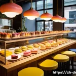 디저트 전문가의 해외 취업 가능성 - **Prompt:** A vibrant, high-angle shot in a modern, stylish café that beautifully fuses Chinese and ...